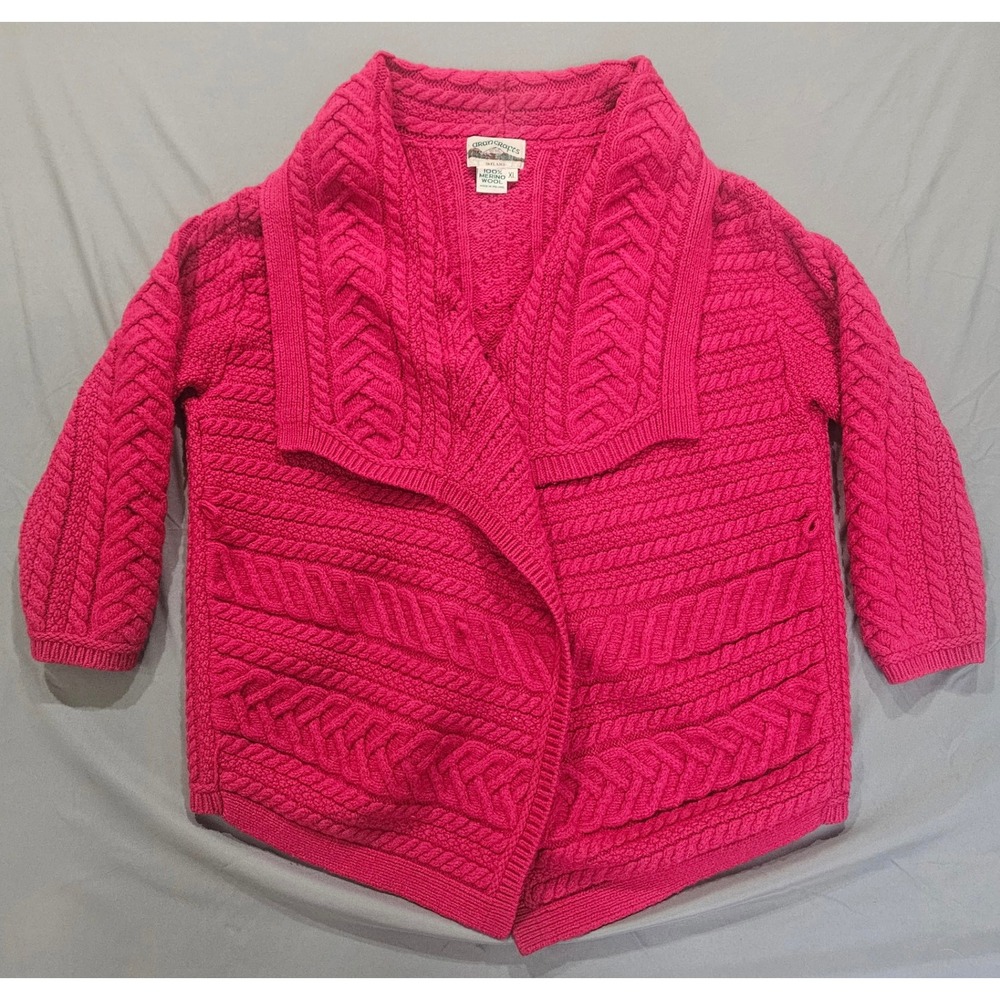 Aran Crafts Cardigan Women XL Pink Merino Wool Cable Knit Irish Sweater